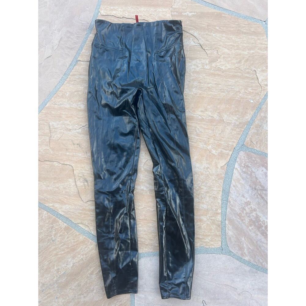Spanx Black Shiny Patent Faux Leather Lined High Rise Leggings Size Medium BZ